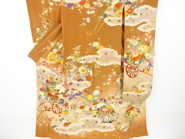 JAPANESE KIMONO / ANTIQUE FURISODE / KINSHA / EMBROIDERY / FLOWER CART